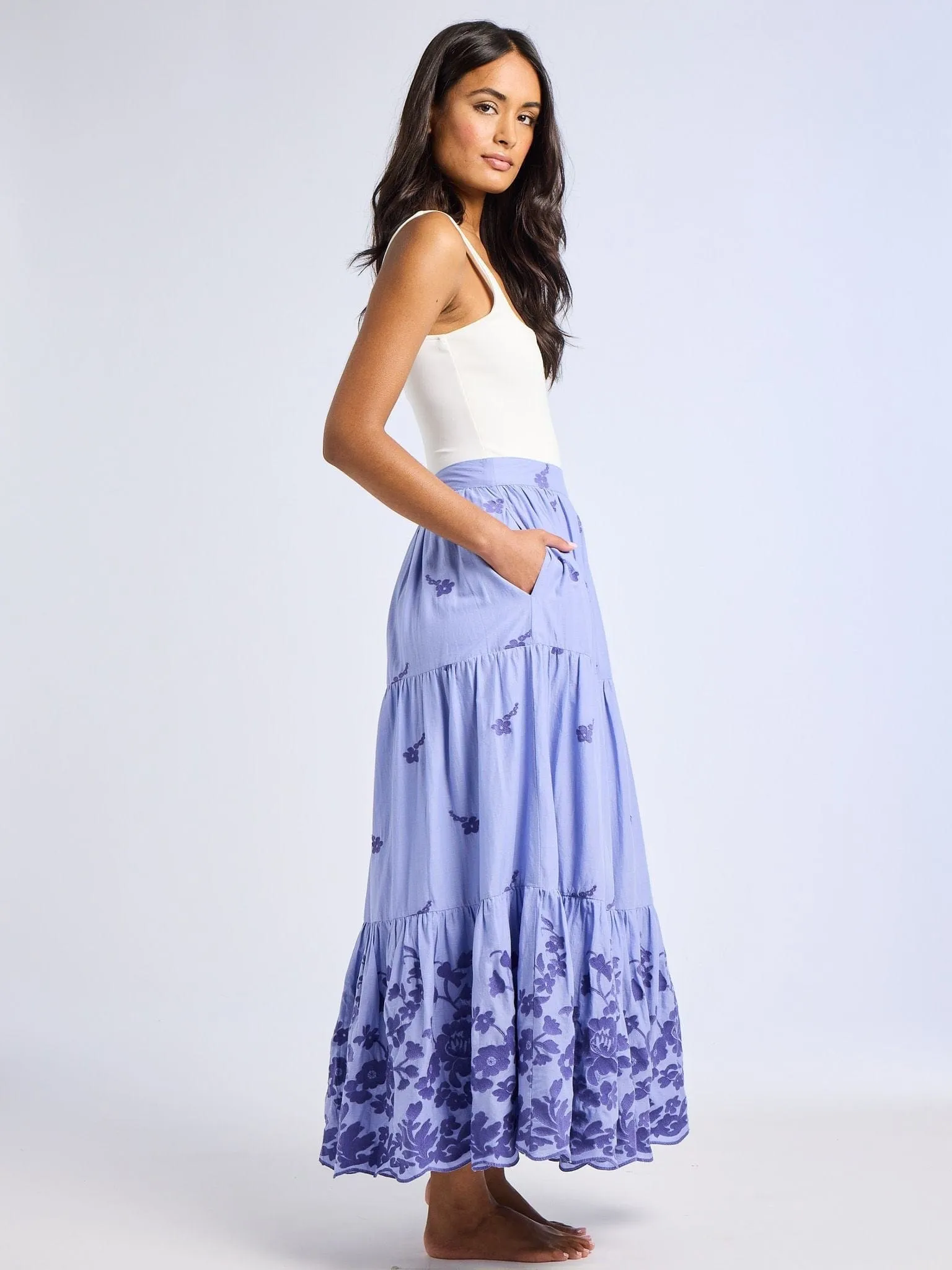 Paola Skirt in Periwinkle Embroidery high contrast