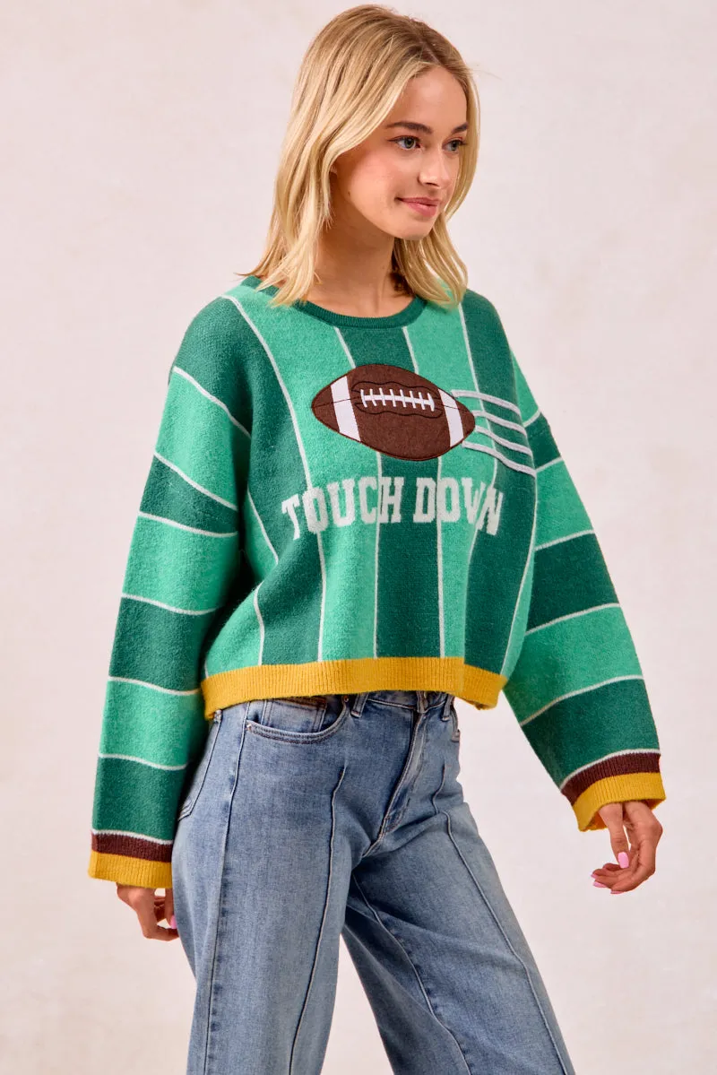 Double Stitch Reinforcement IT3482K-03 | GAMEDAY THEME STRIPE FOOTBALL PATCHED KNIT SWEATER TOP
