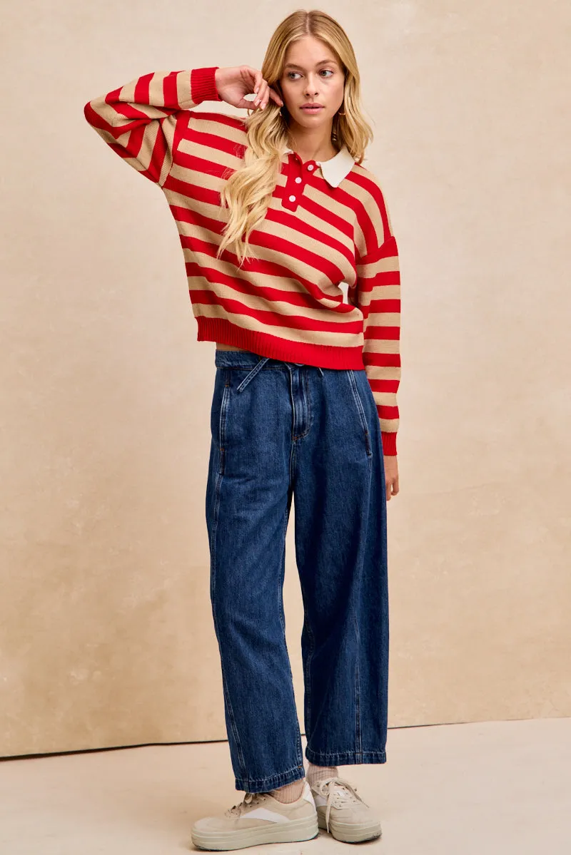 IT4858S-01 | STRIPE KNIT BUTTONED COLLAR TOP All Season Versatility