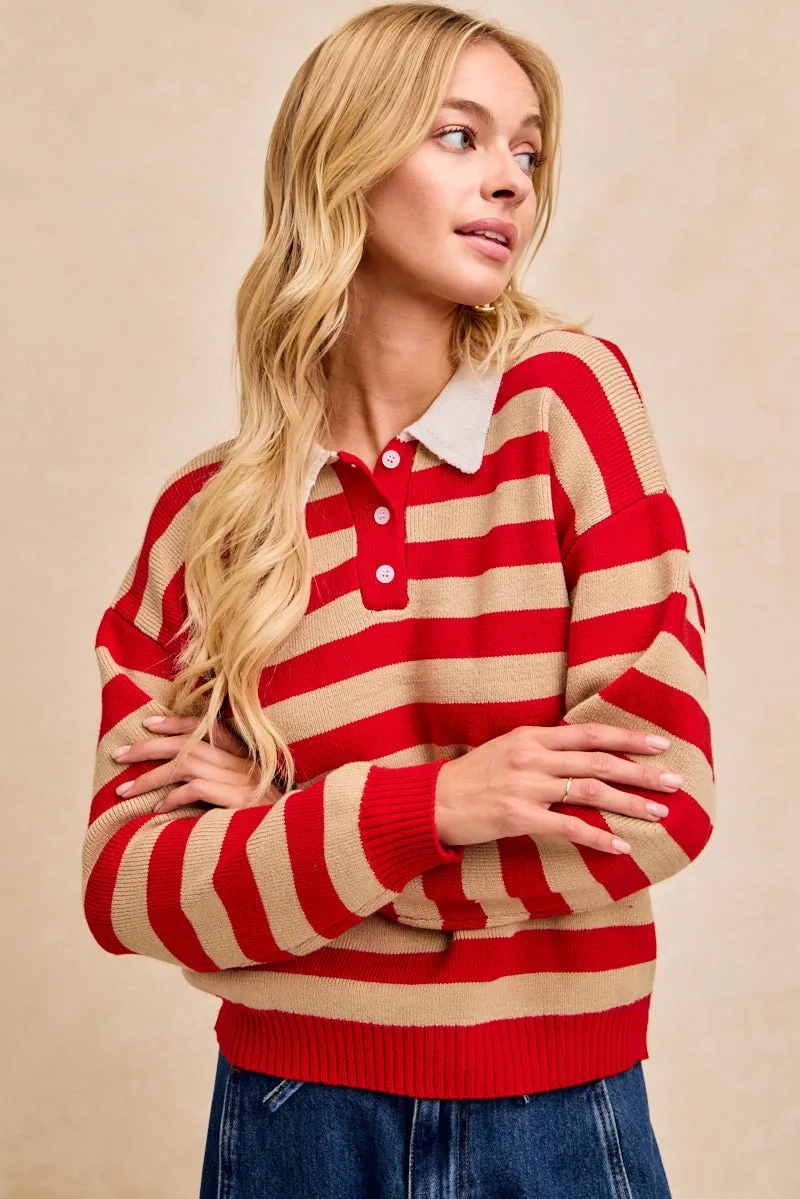 IT4858S-01 | STRIPE KNIT BUTTONED COLLAR TOP ArticulatedJoints