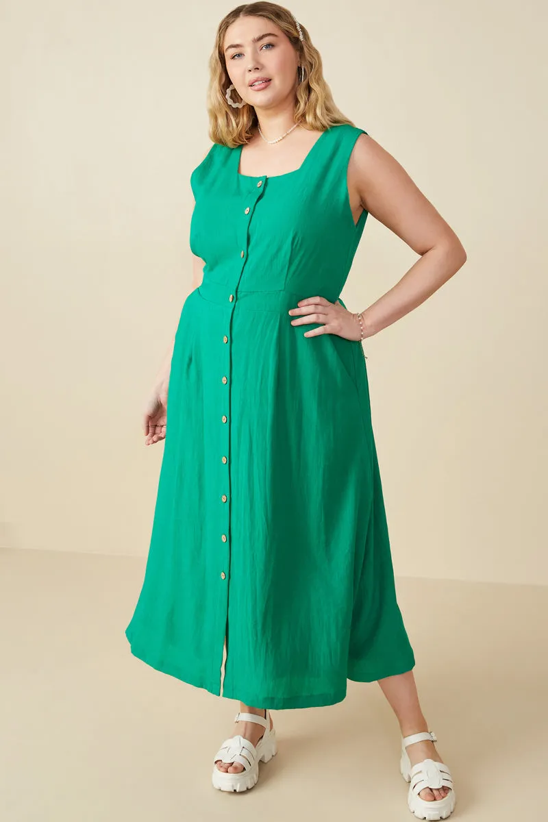 Modern Texture Cool Tone Button Down Textured Square Neck Tank Dress