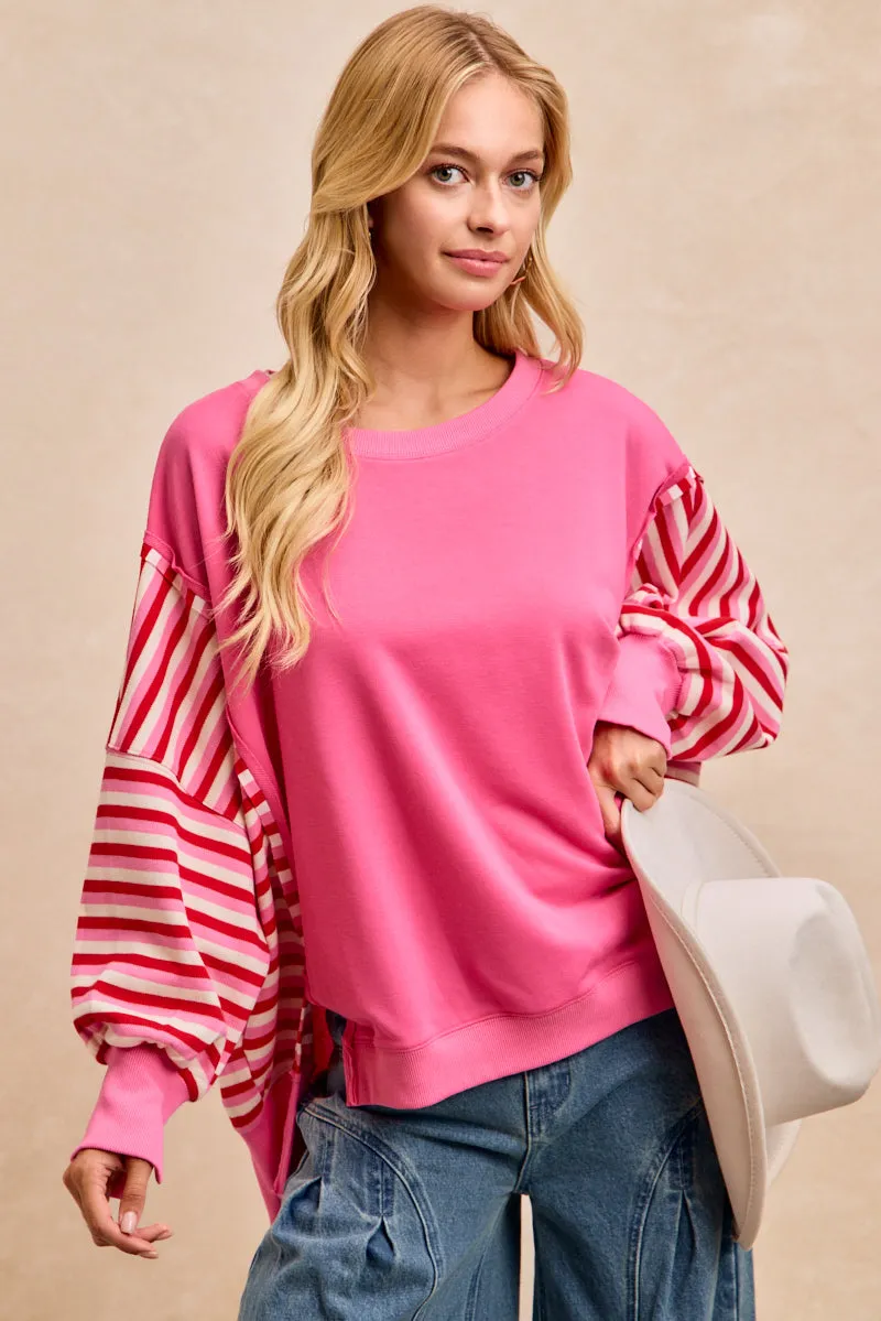 Feather Light Statement Mood IT1841S-10 | FRENCH TERRY WITH STRIPE COMBO TOP WITH OPEN SEAM