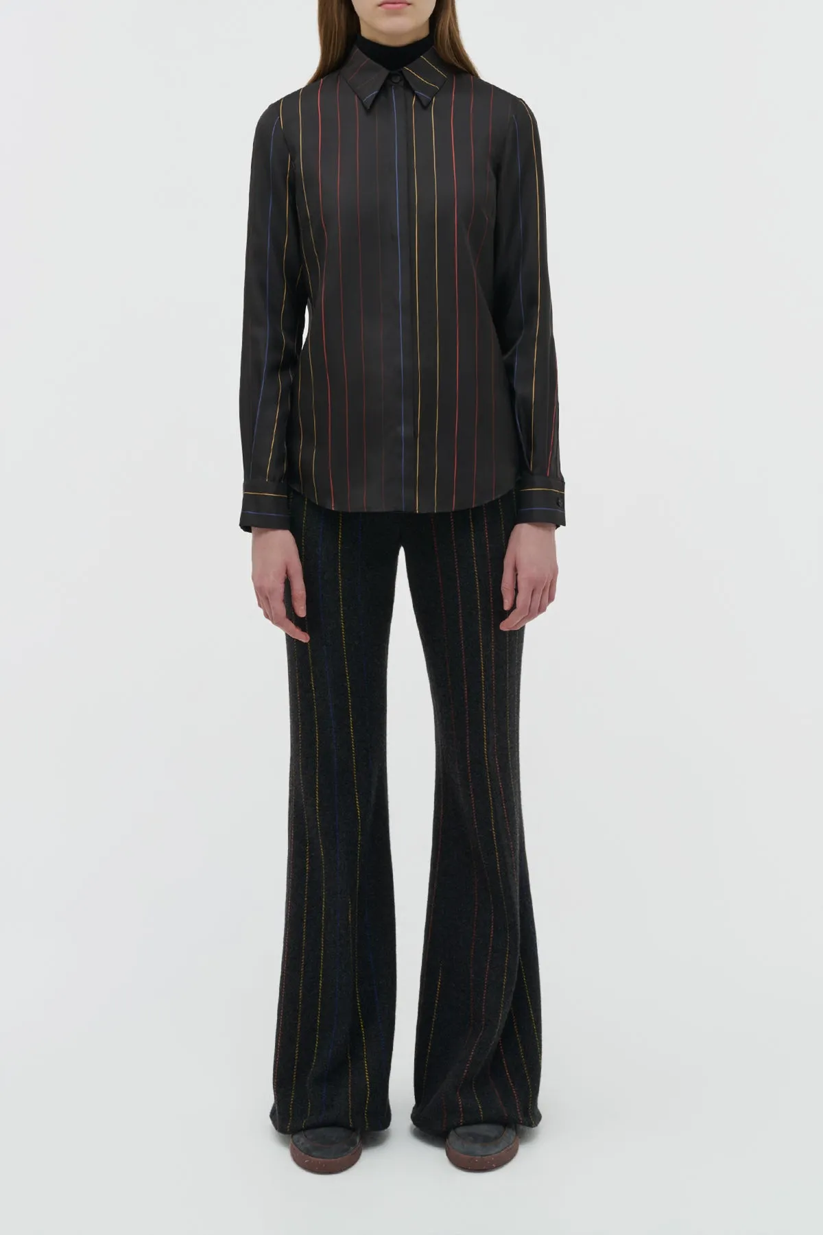 Smooth Stitching Henri Blouse in Charcoal Multi Pinstripe Silk Twill