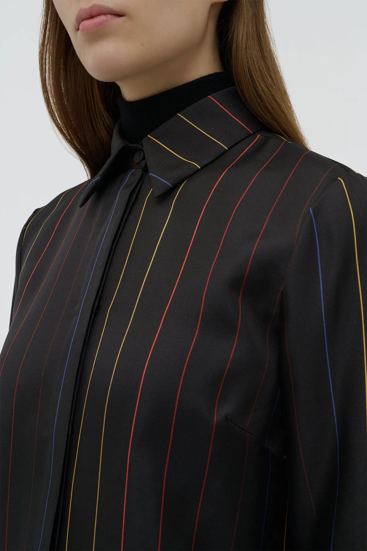 Henri Blouse in Charcoal Multi Pinstripe Silk Twill Workout Apparel MultiLayer Stitching