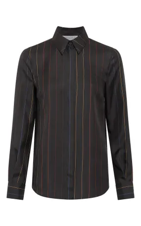 AllDayComfort Fashionable Style Henri Blouse in Charcoal Multi Pinstripe Silk Twill