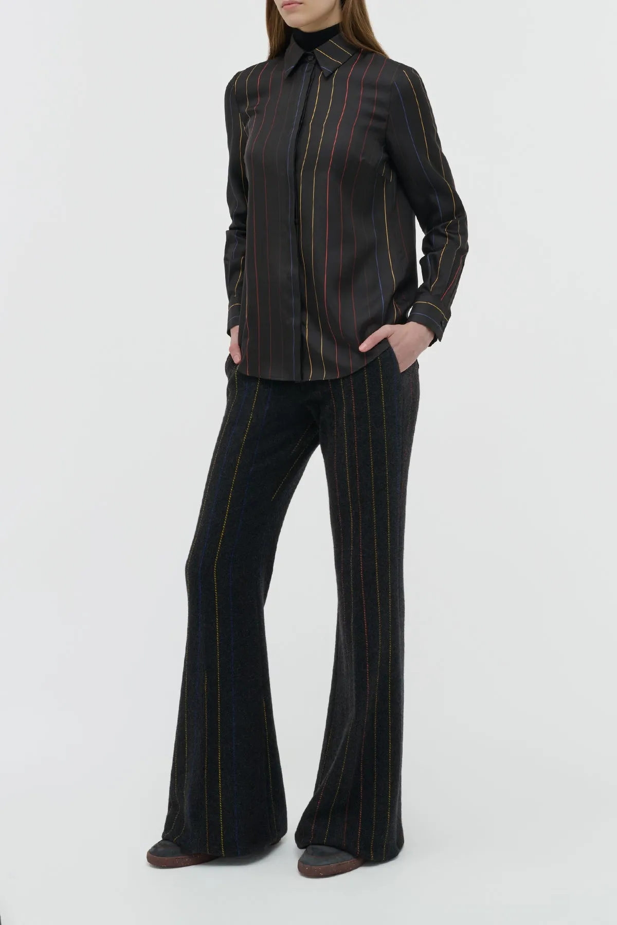 Breathable Knit Fabric Henri Blouse in Charcoal Multi Pinstripe Silk Twill
