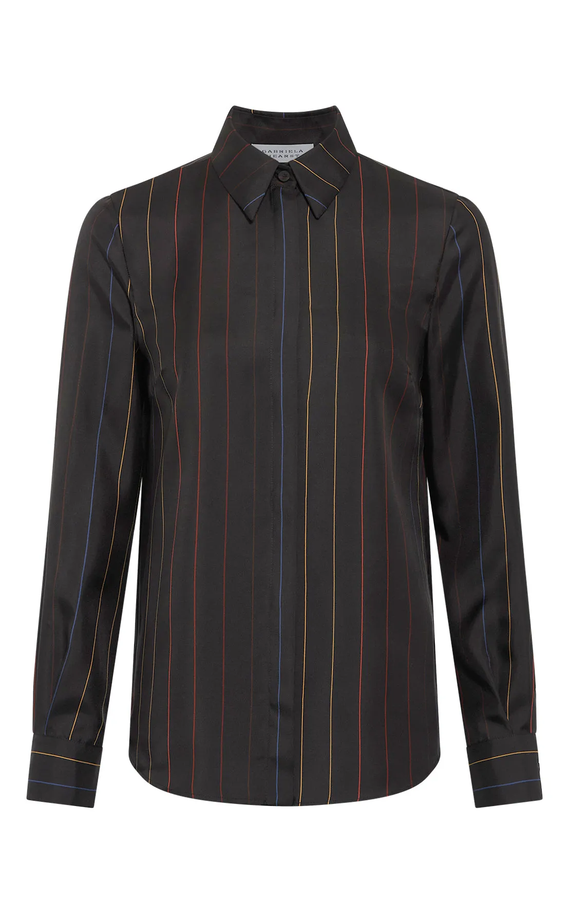 AllDayComfort Fashionable Style Henri Blouse in Charcoal Multi Pinstripe Silk Twill