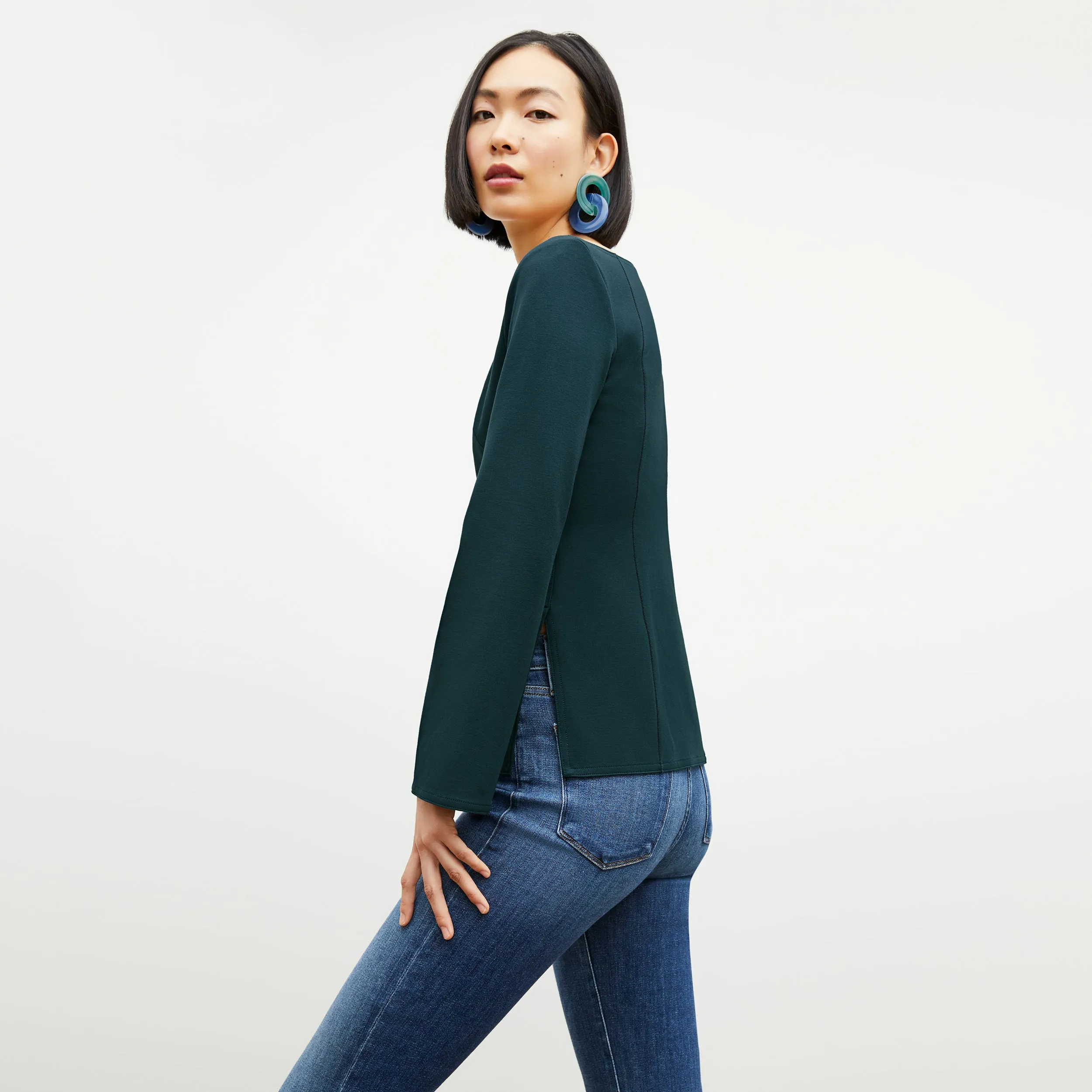 Two Tone Texture Effect Versatile Wear Jace Top - Washable Ponte :: Deep Sea