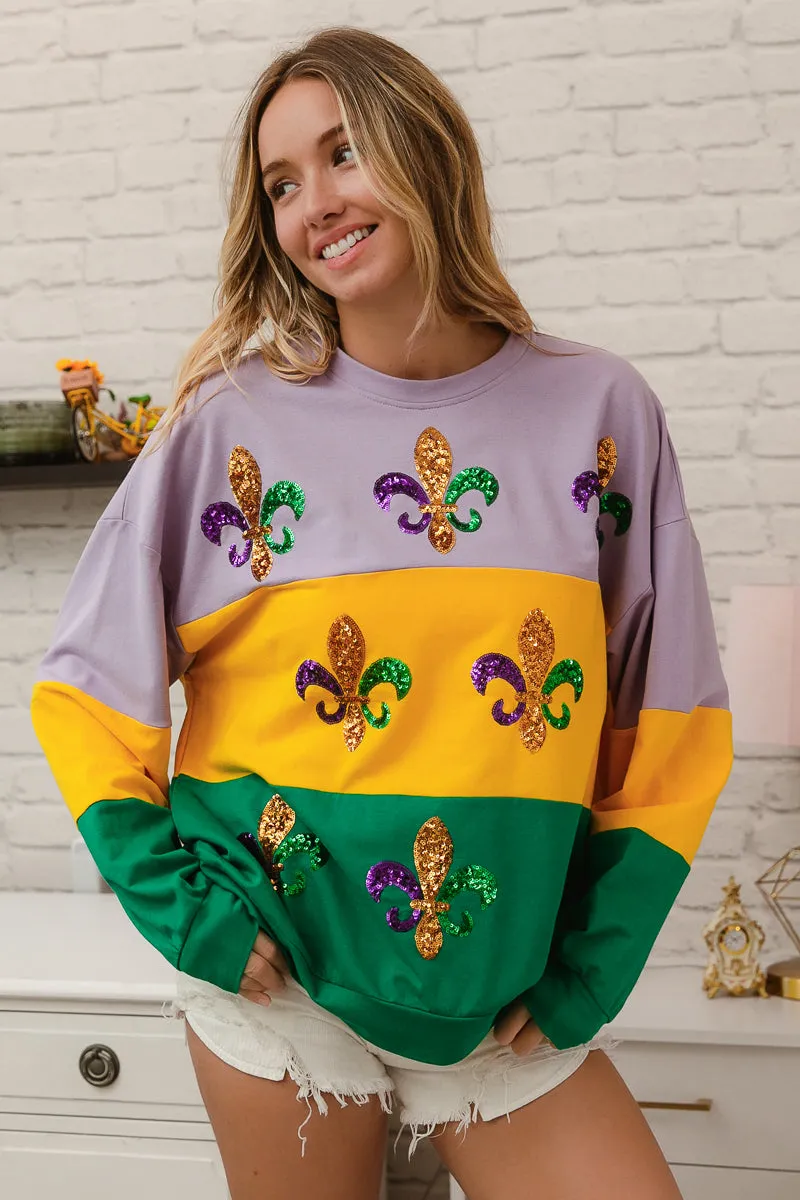 IT1508G-53 | SEQUIN FLEUR DE LIS MARDI GRAS SWEATSHIRT Waterproof Fabric