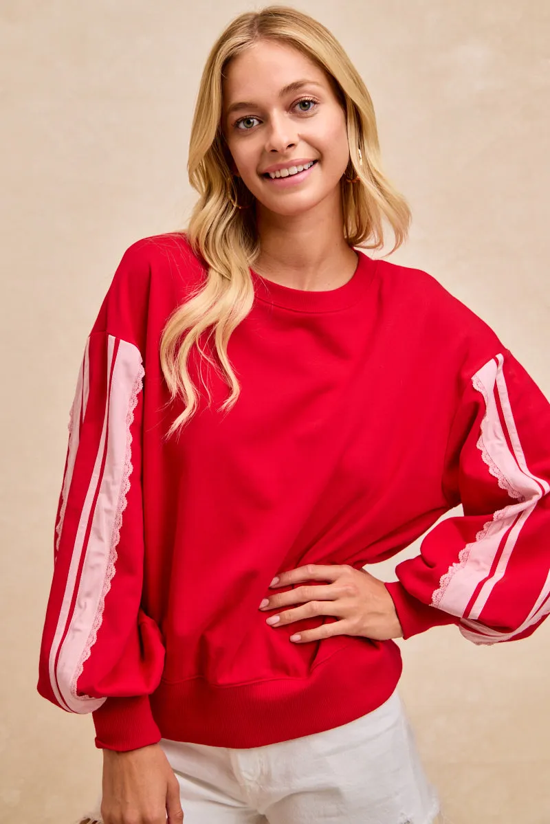 IT4777S-05 | FRENCH TERRY SIDE CONTRAST LACE TRIM TOP SlimFit