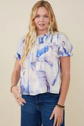 Watercolor Print Ruffle Detail Smocked Top Pocket Reinforcement
