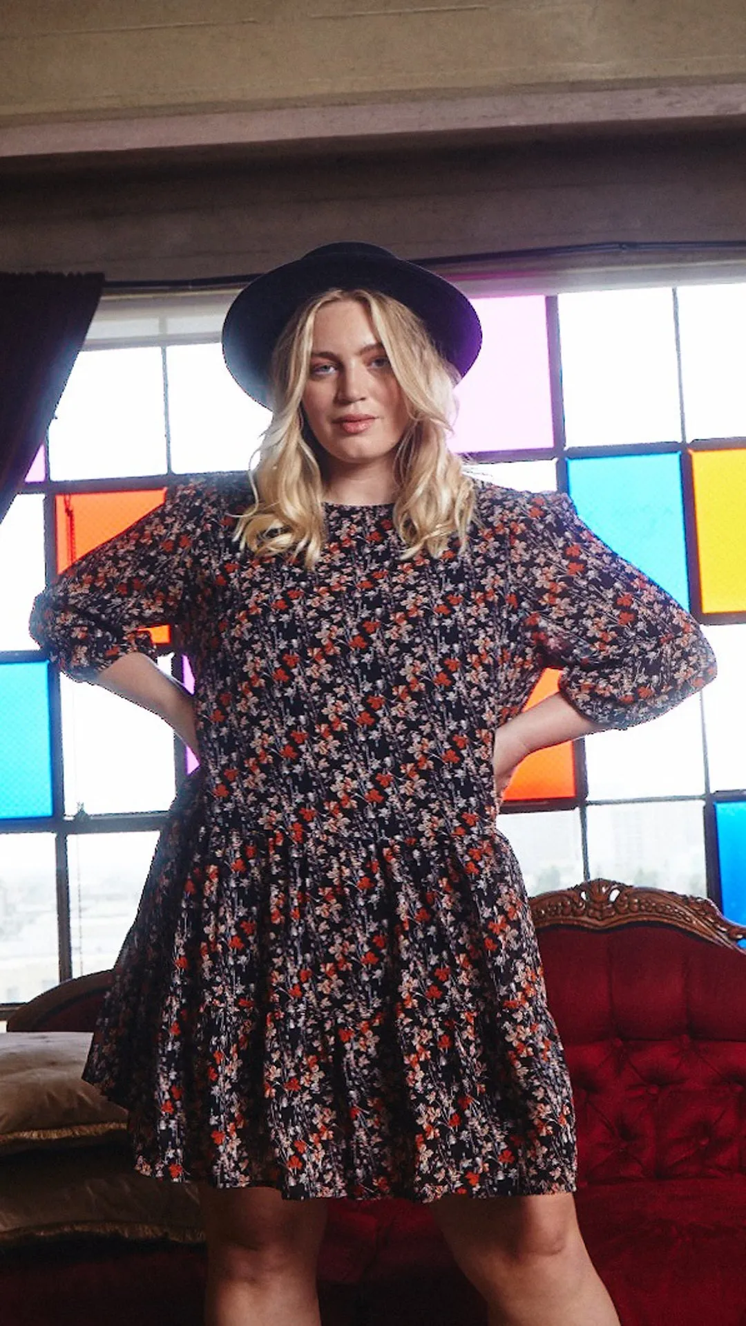 Invisible-Zip AntiPillTreatment Long Sleeve Botanical Print Chiffon Dress