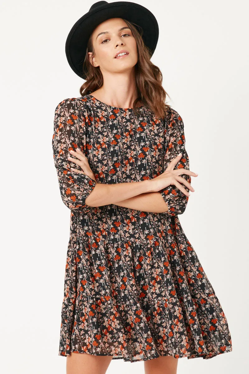 Long Sleeve Botanical Print Chiffon Dress Versatile Edge