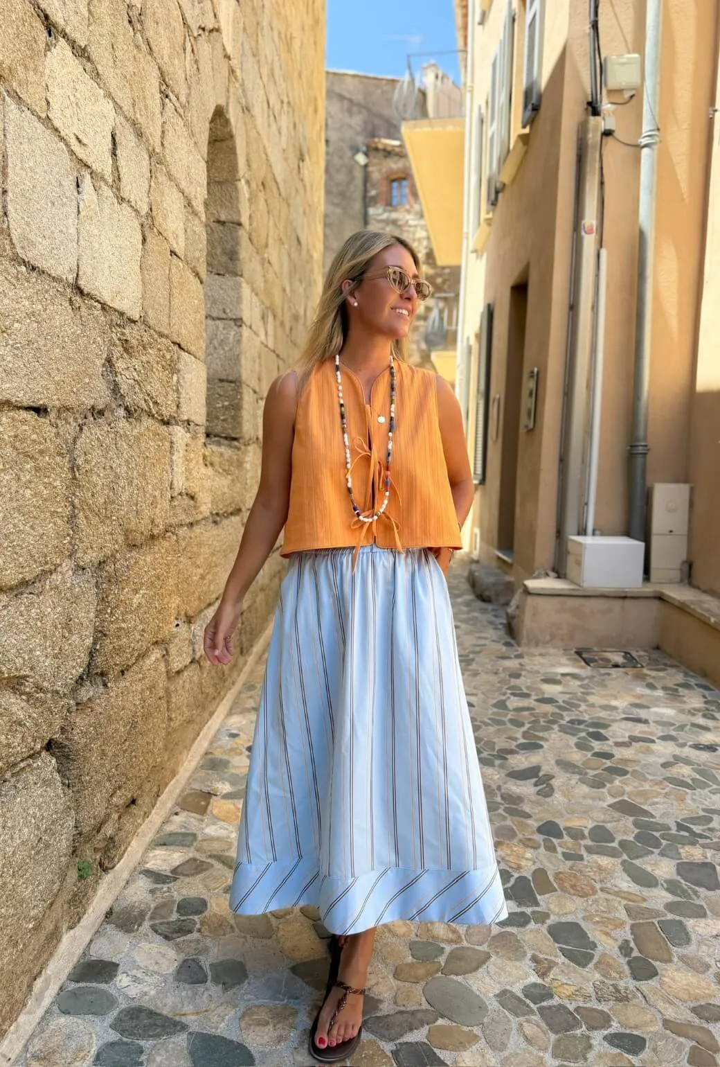 Breathable back panel Buru x Megan Stokes Everyday MIDI Skirt  - Blue & Brown Stripe