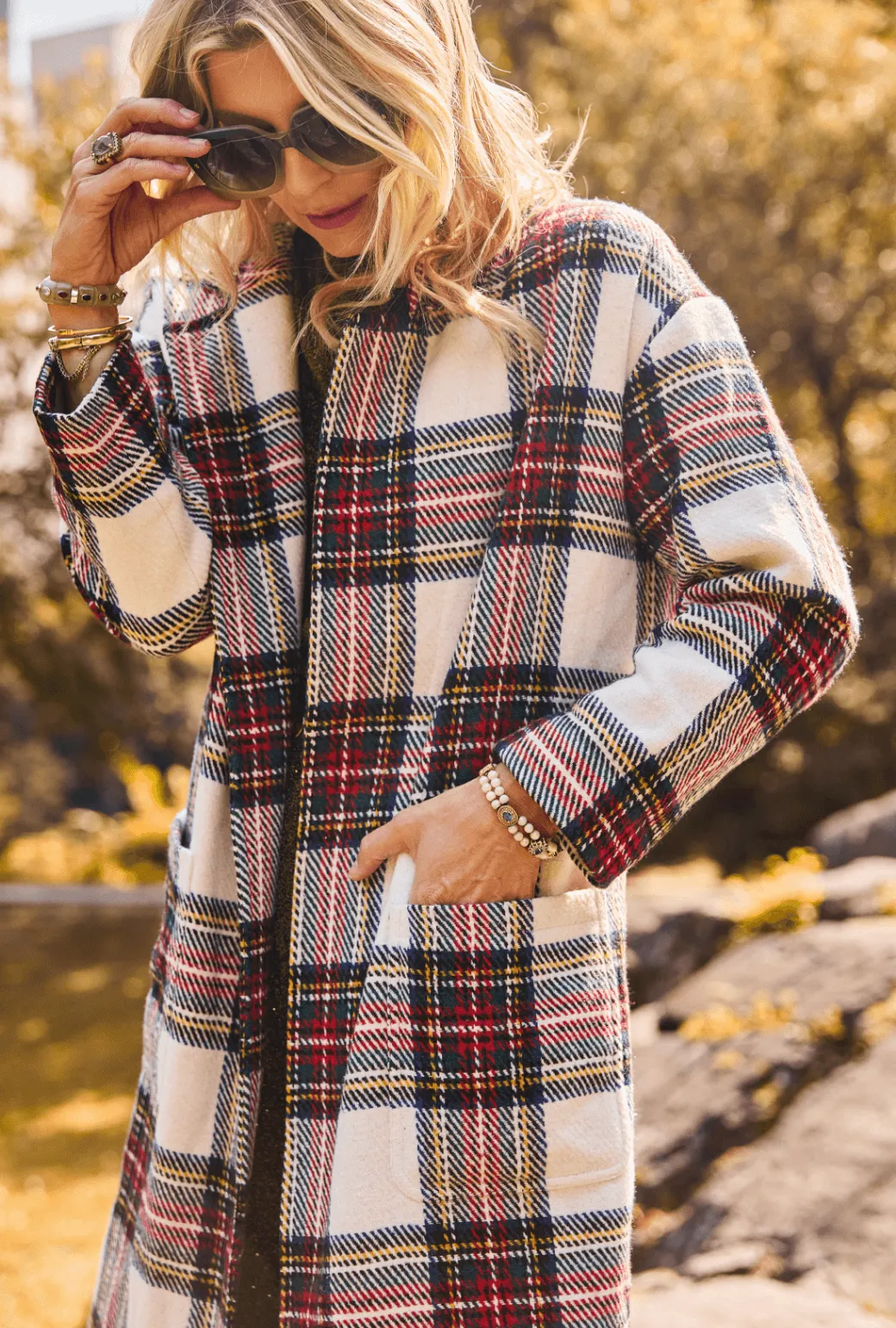 Mesh Lining Open Car Coat - Dress Stewart Plaid