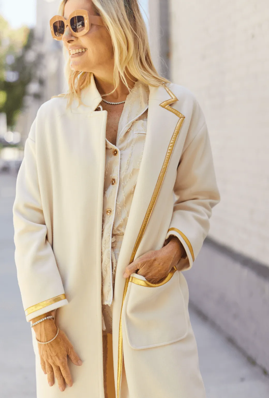 Open Car Coat - Ivory & Gold Adjustable Belt