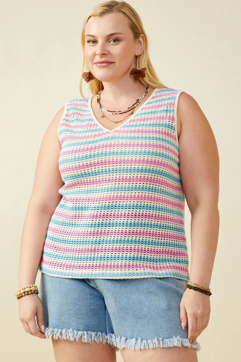 Contoured Armhole Design RibbedNeckline Open Knit Multi Stripe Boxy Tank