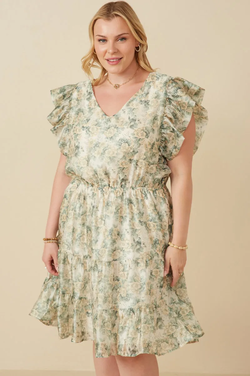 Light Cloud Work Friendly Organza Floral Bubble Ruffled V Neck Dress