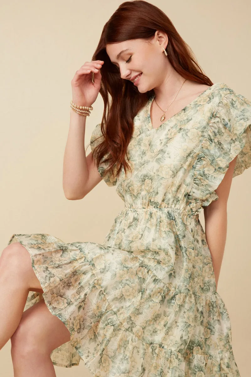 Organza Floral Bubble Ruffled V Neck Dress Silk-Blend Comfortable outdoor wear