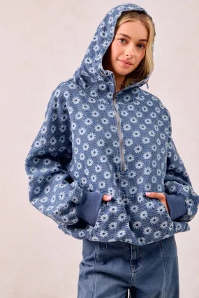 IP8347S-58 | WASHED FLOWER PATTERN DENIM HOODIE TOP Body Mapped Ventilation Functional Pocket