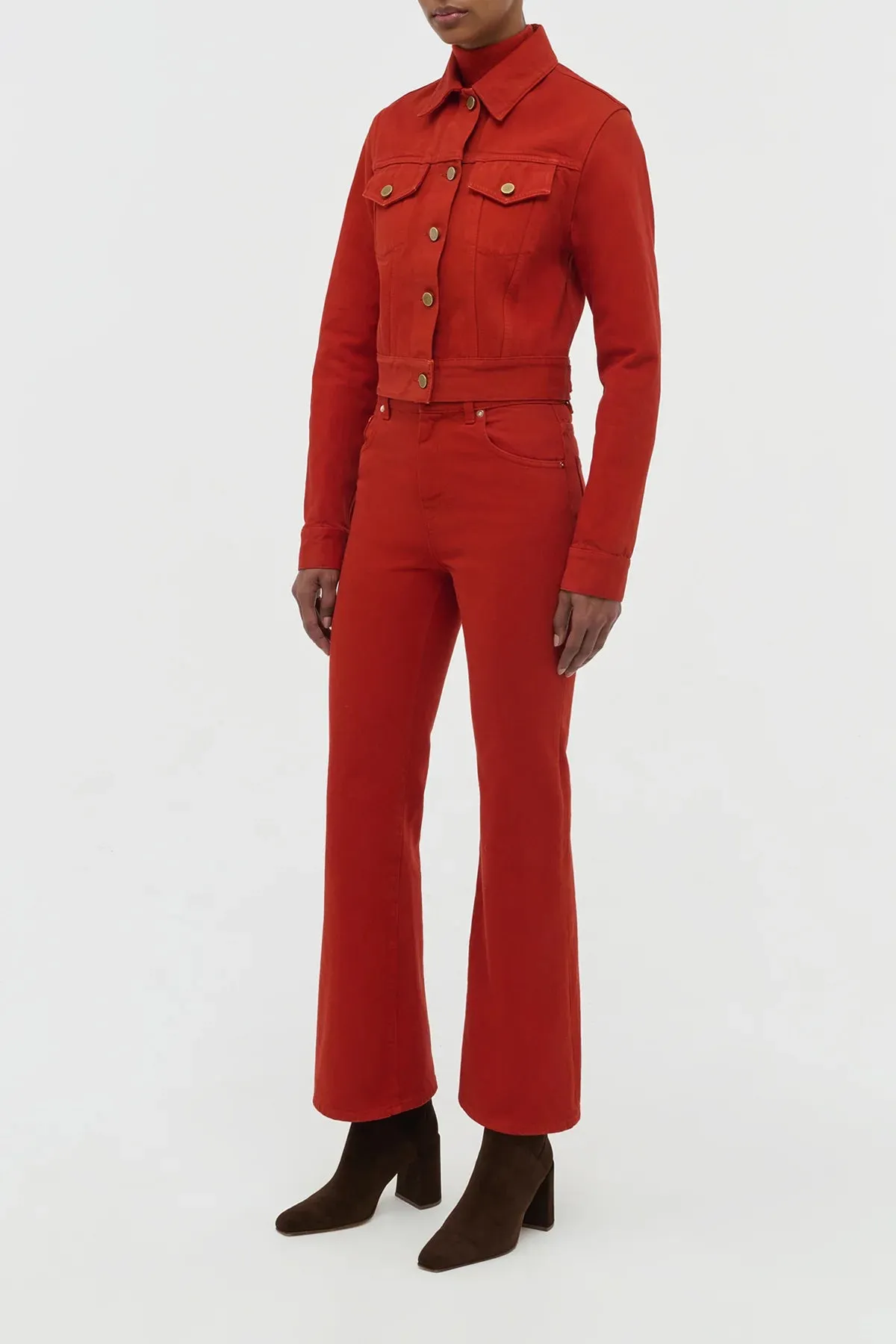 Lightweight Material Fitted Shirt Ezra Bootcut Cropped Jean in Antelope Orange Recycled Cotton Denim