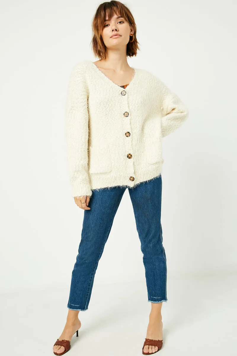 Fuzzy Popcorn Sweater Knit Cardigan Cotton Twill Reinforced Stitching