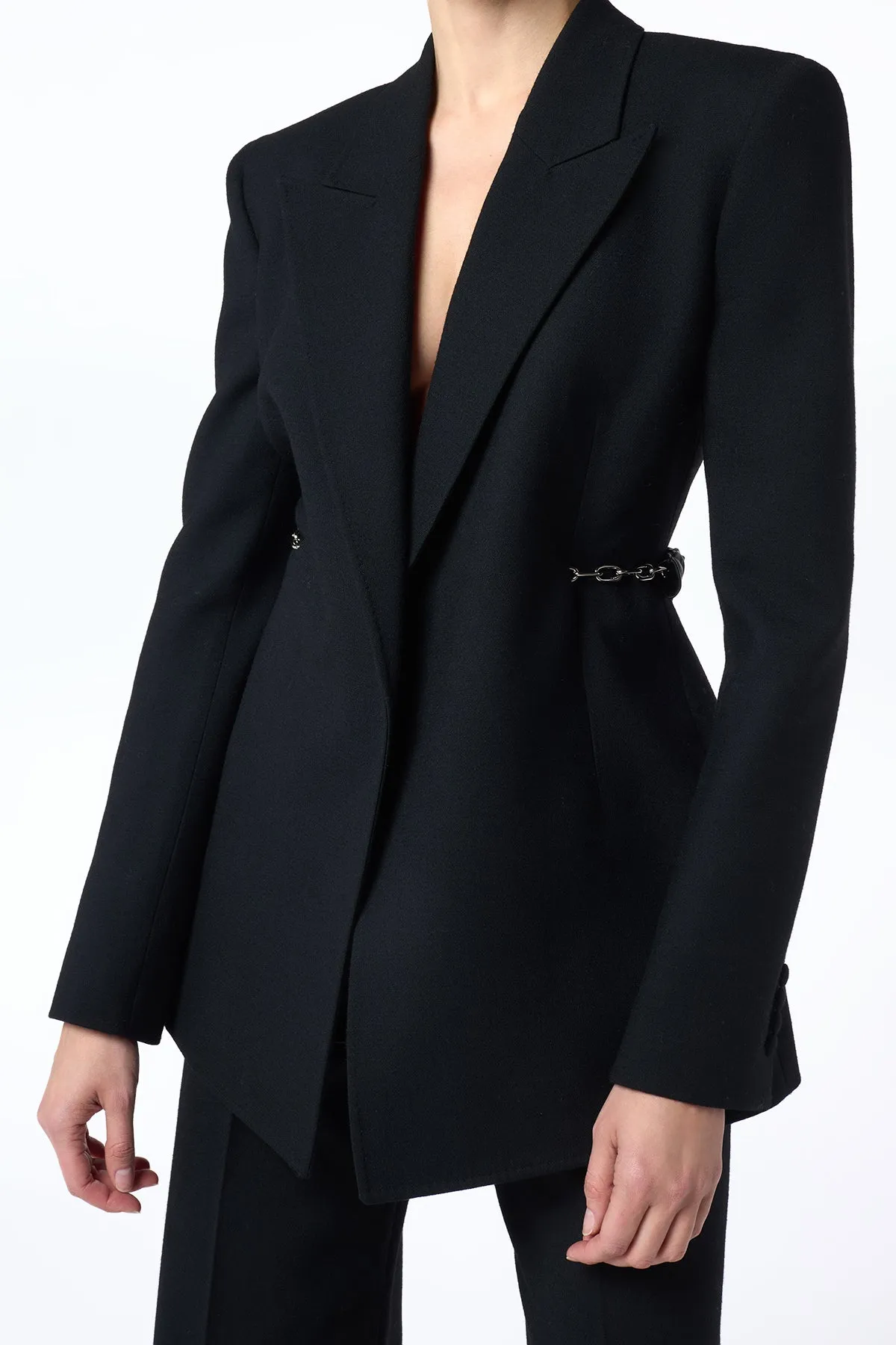 MultiPocket Configuration SoftTouchBrushedInterior Epona Chain Blazer in Black Recycled Virgin Wool
