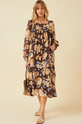 Romantic Floral Square Neck Long Sleeve Dress Cozy Look