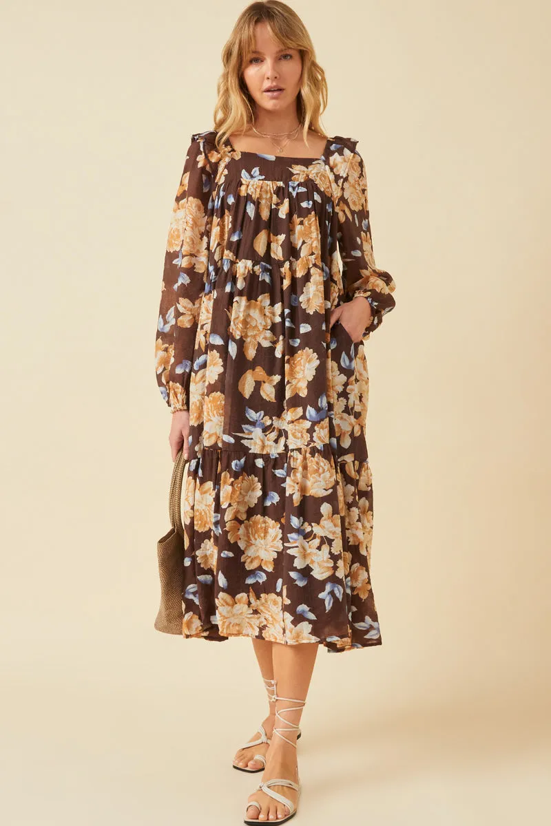Romantic Floral Square Neck Long Sleeve Dress Relax Form