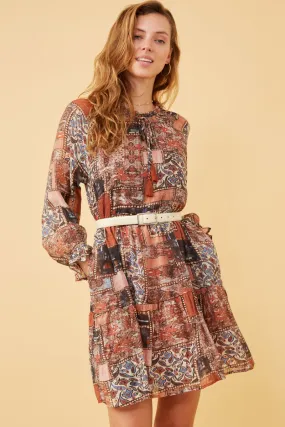 Self Power Subtle Texture Paisley Patch Print Ruffle Neck Chiffon Dress