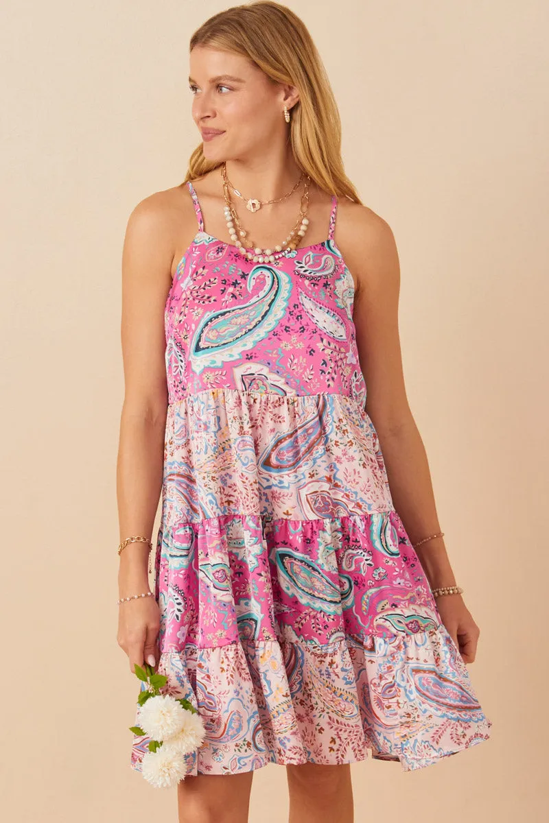 Smooth Wear Paisley Print Color Blocked Tiered Tank Dress