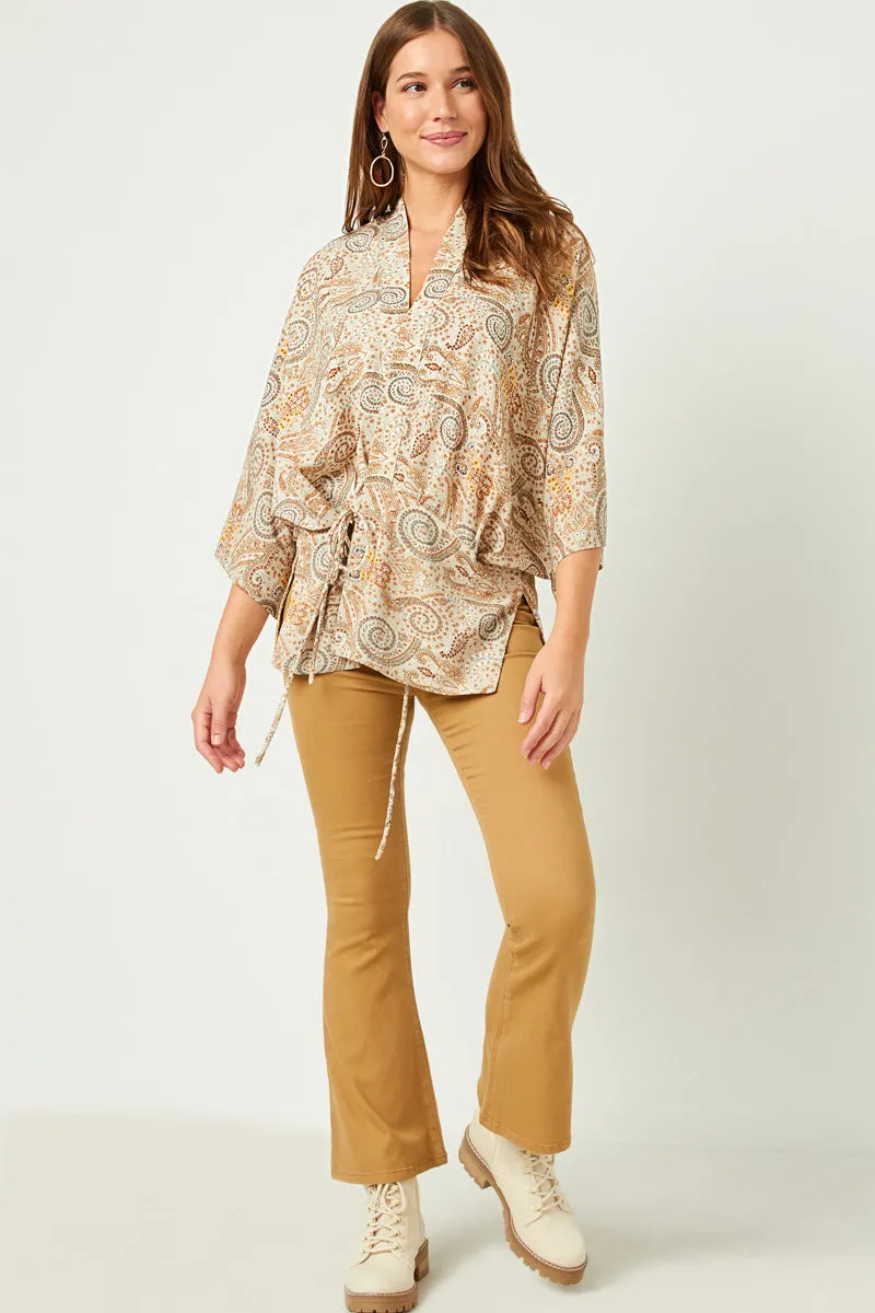 Paisley Print Cropped Sleeve Open Kimono Roll up sleeves Low Profile Collar
