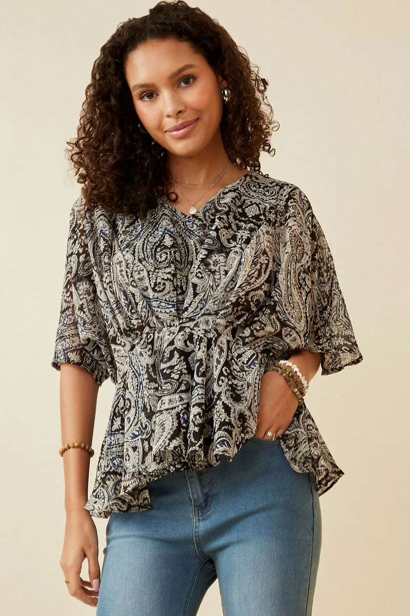 Paisley Print Dolman Peplum Top Tencel Lyocell Fiber TaglessCollar