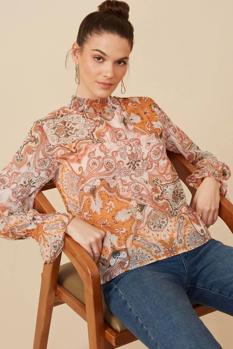 Paisley Print Smock Detail Chiffon Top BoxyCrop