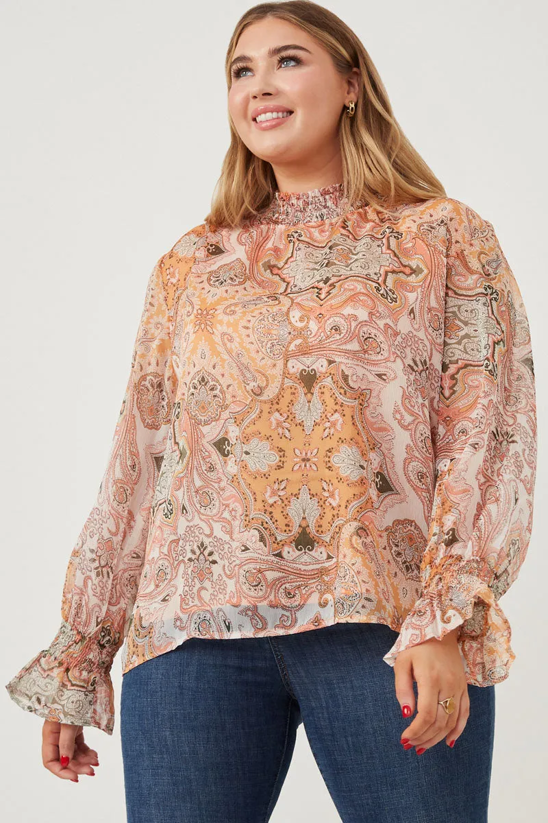 Paisley Print Smock Detail Chiffon Top RibbedTrims Low Profile Stitching