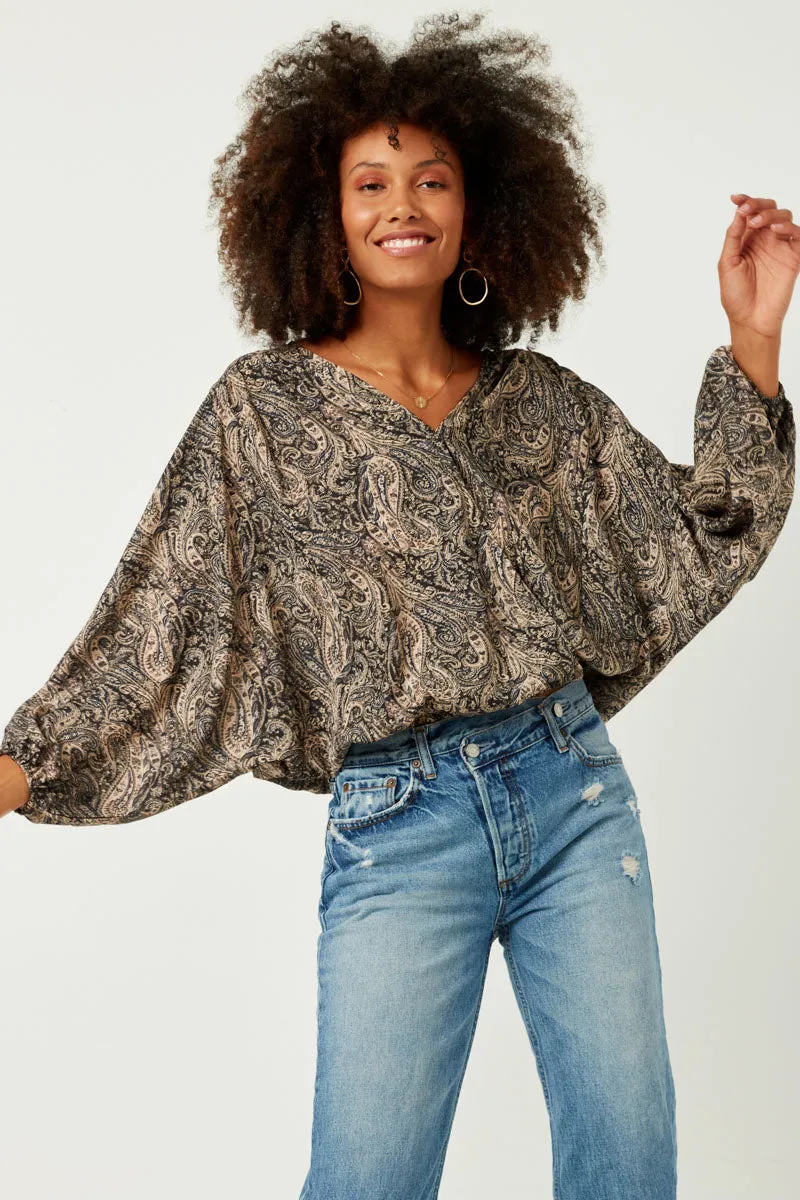 Paisley Print Surplice Puff Sleeve Top Breathable Microfiber Airy Mesh Lining