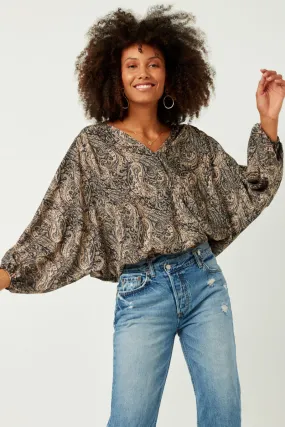 Paisley Print Surplice Puff Sleeve Top Breathable Microfiber Airy Mesh Lining