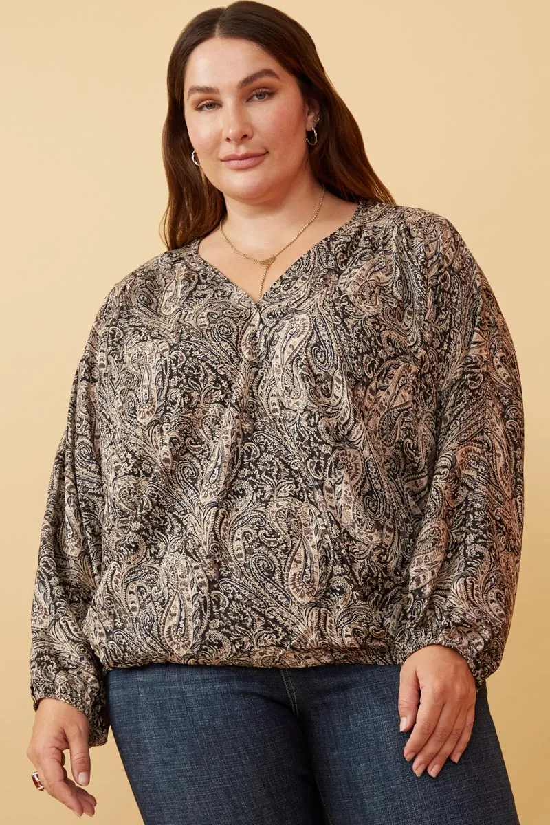 Paisley Print Surplice Puff Sleeve Top Biodegradable Fiber Blend