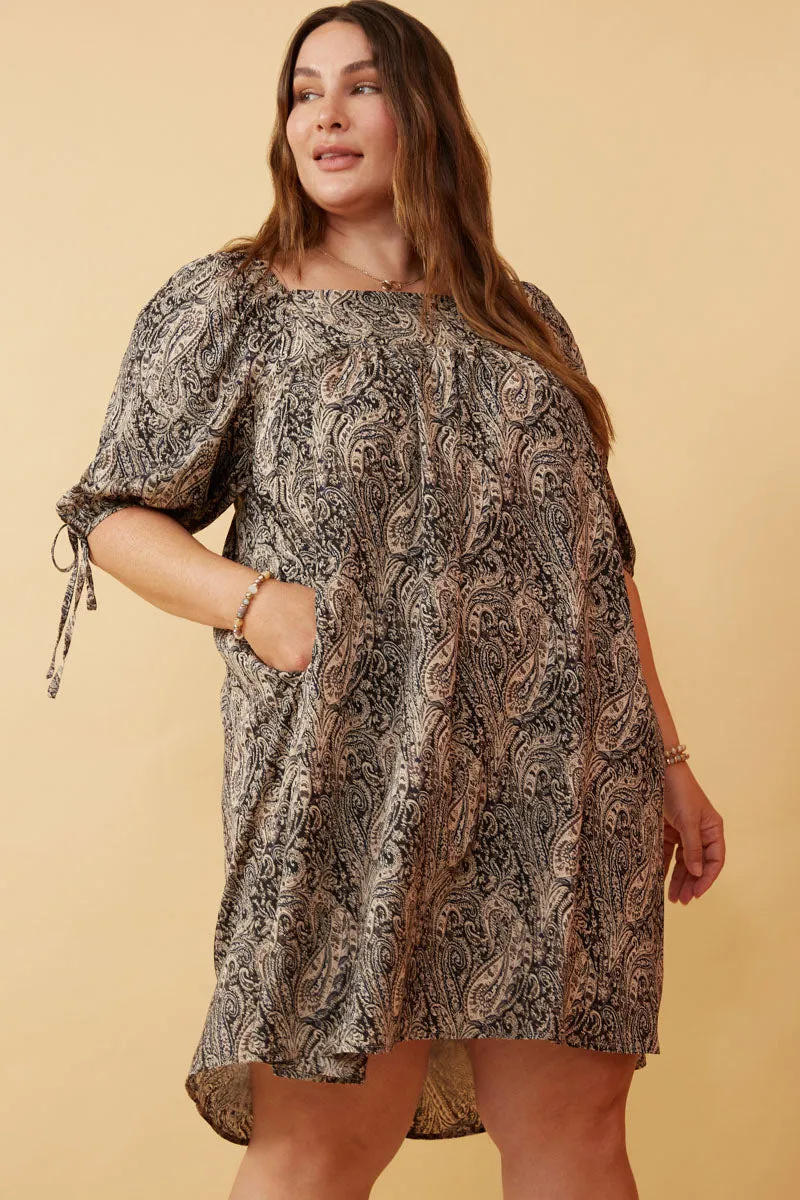 Paisley Print Tie Sleeve Square Neck Dress Relaxed-fit gown