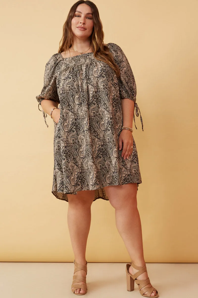 Contrast-Piping Fluid movement Paisley Print Tie Sleeve Square Neck Dress