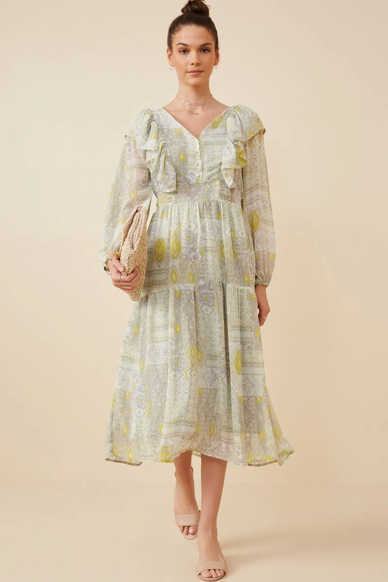 Patch Print V Neck Ruffled Long Sleeve Dress Elegant Simplicity Maternity-Fit