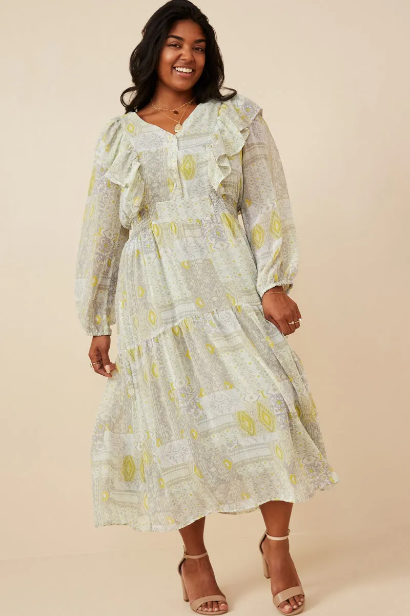 FadeResistantColor Beaded-Sleeve Patch Print V Neck Ruffled Long Sleeve Dress