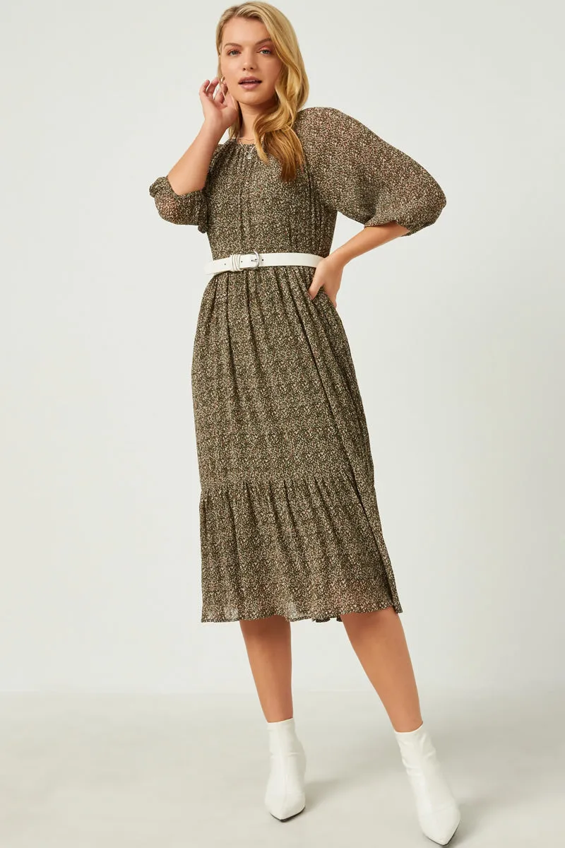 Floral Printed Crinkle Pleat Puff Sleeve Dress Light Sheen Glossy Fabric