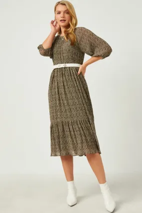 Silky Mood LowProfileZipper Floral Printed Crinkle Pleat Puff Sleeve Dress