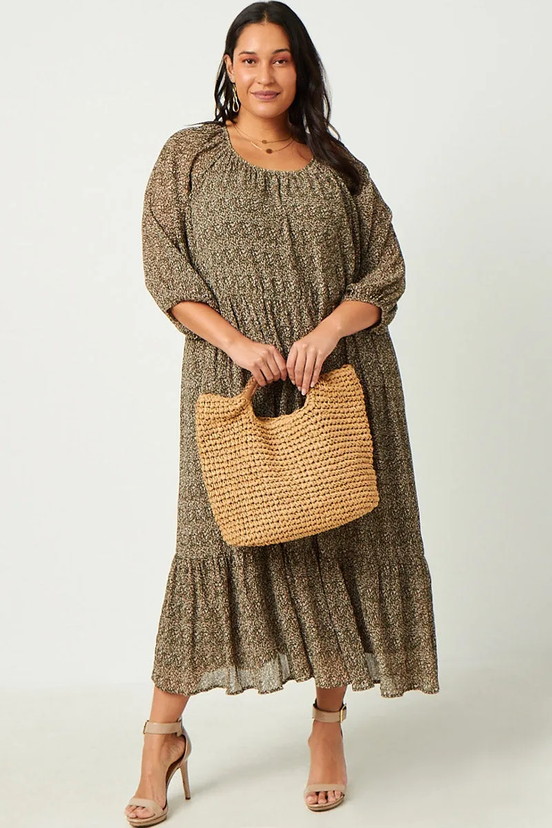 Easy Texture Floral Printed Crinkle Pleat Puff Sleeve Dress