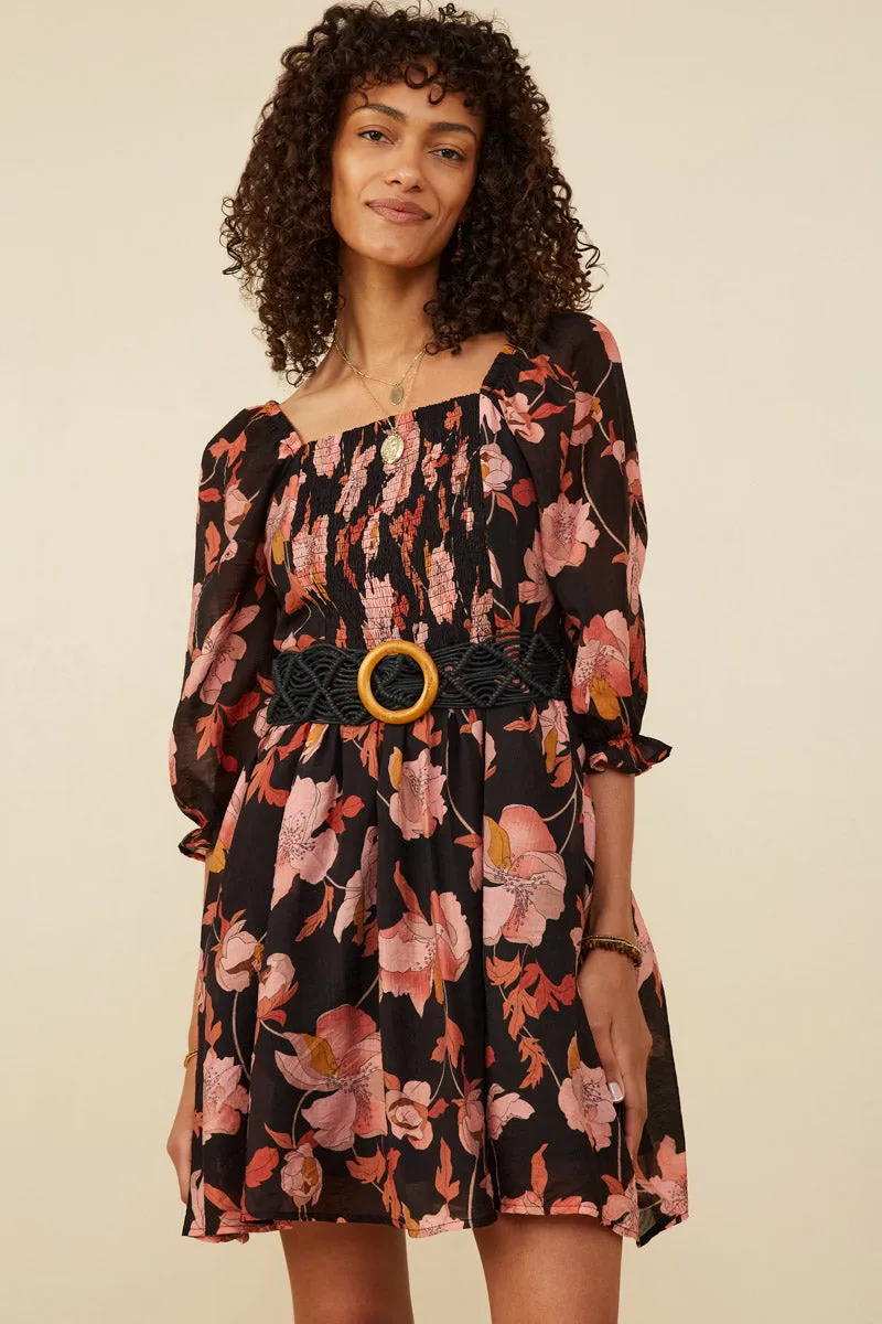 Floral Print Smocked Square Neck Dress Kind Light