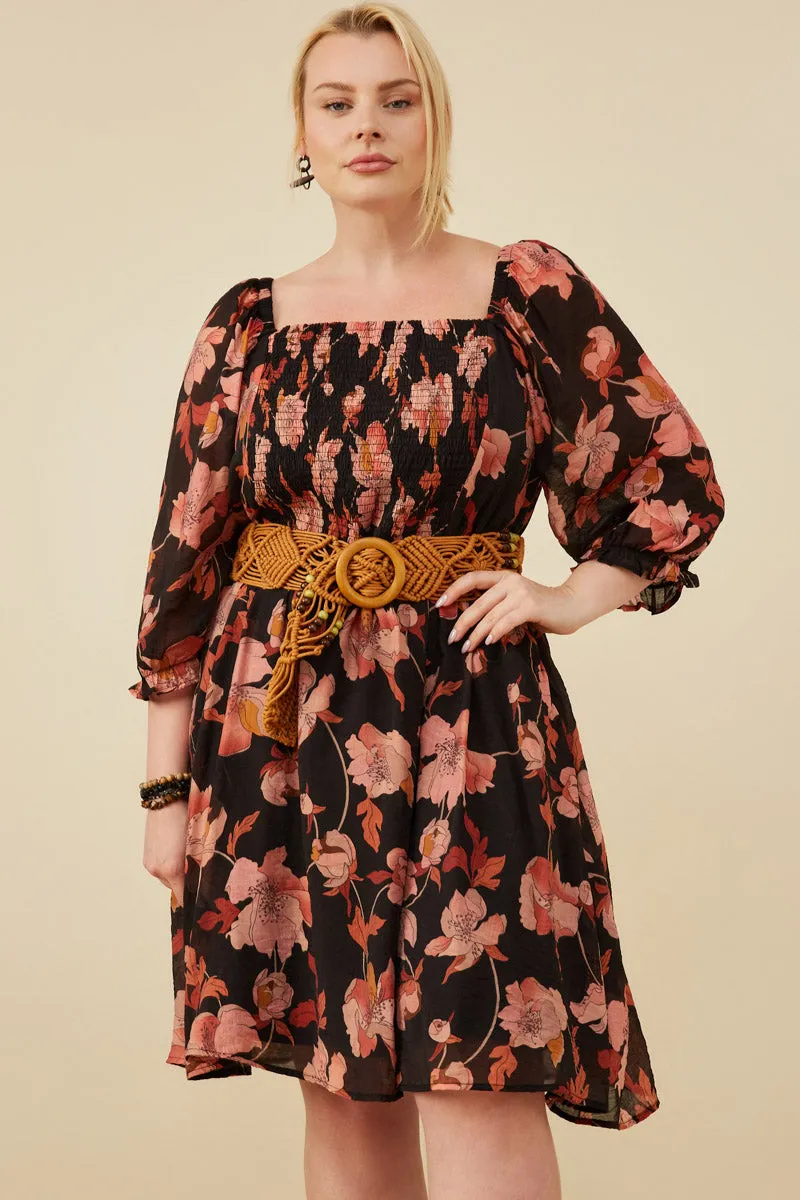 Floral Print Smocked Square Neck Dress Day Ready Look Calm Fit