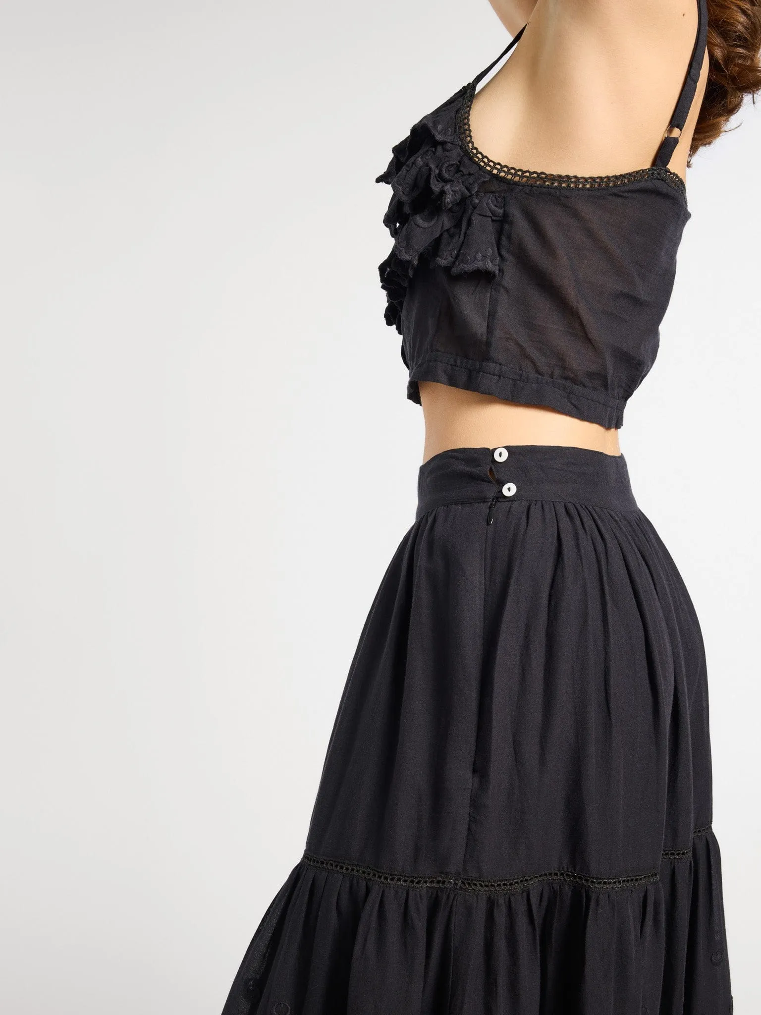 Garment Dyed Finish Placket Detailing Patti Top in Black Petal Embroidery