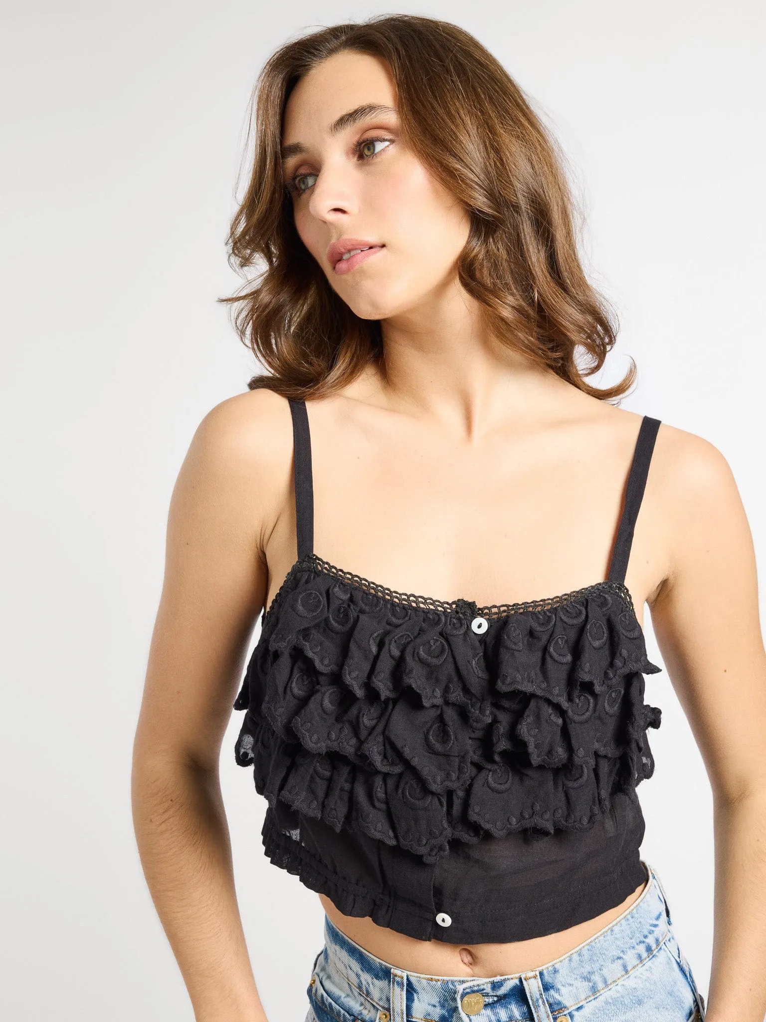 ThermalRegulationLayer Patti Top in Black Petal Embroidery