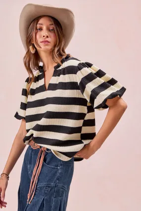 IT3435G-06P | STRIPES SHORT BALLOON SLEEVES RUFFLED V-NECK TOP Anti Pilling Surface Treatment
